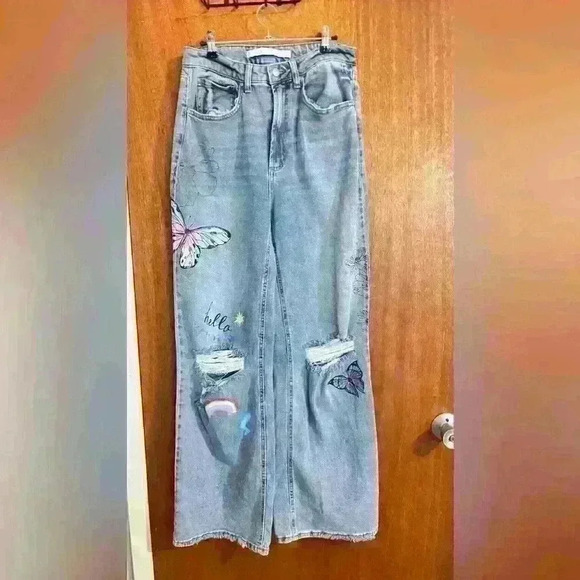 Tinseltown Denim - Unique, high waisted, wide legged jeans with butterfly details size juniors 11